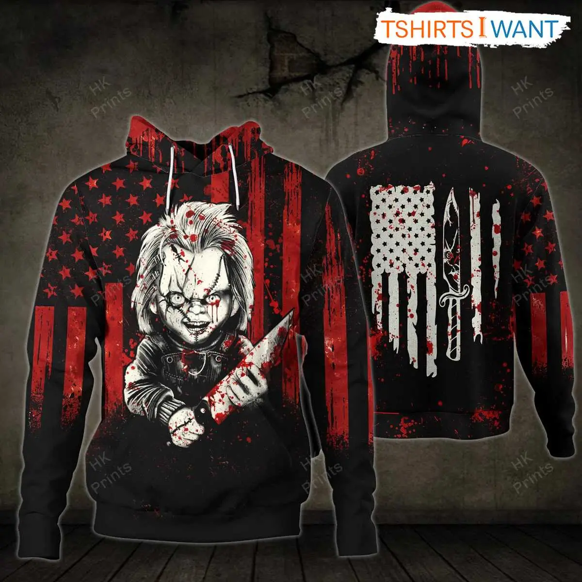 Chucky Hoodies Horror Movie American Flag Spooky Halloween Shirts 6 Chucky Hoodies Horror Movie American Flag Front