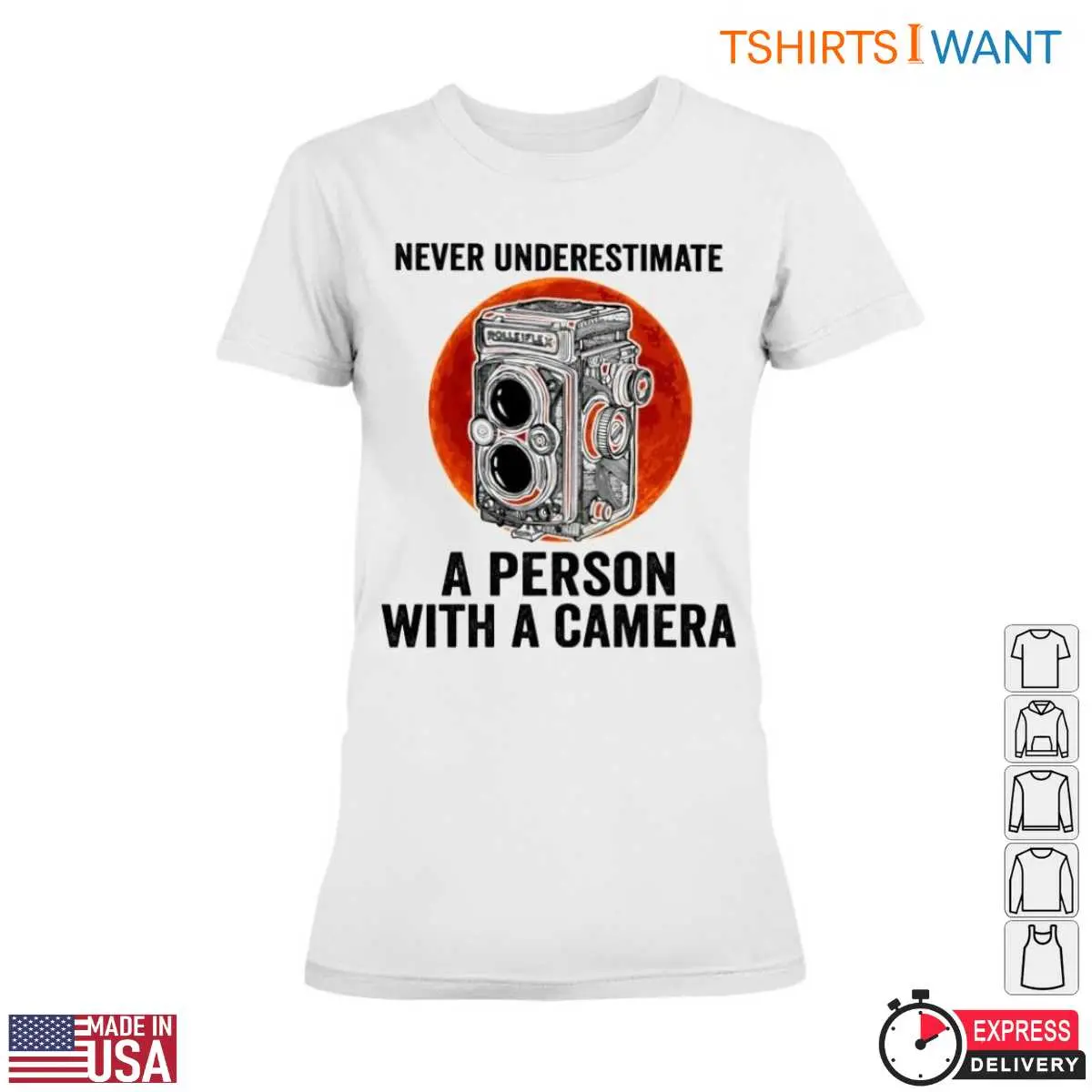 Classic Camera T-Shirt - Never Underestimate a Person with a Camera Design 13 Classic Camera T-Shirt Detail View
