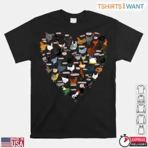 Colorful Chicken Breeds Heart T-Shirt - Enthusiast Farming Tee
