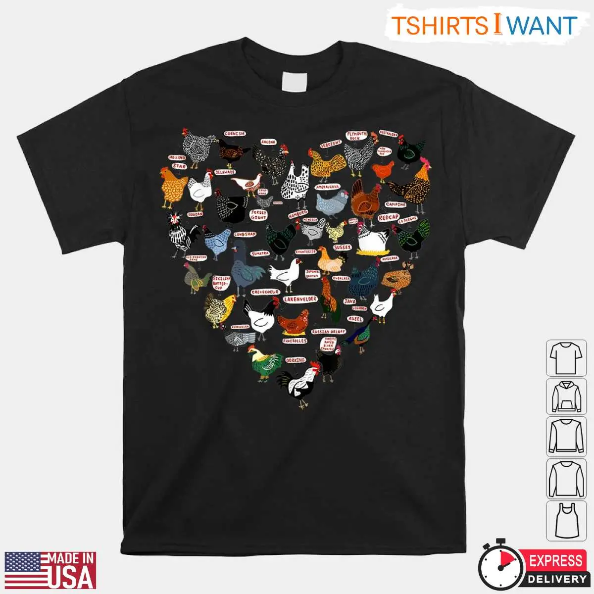 Colorful Chicken Breeds Heart T-Shirt - Enthusiast Farming Tee 10 Colorful Chicken Breeds Heart T-Shirt Front View