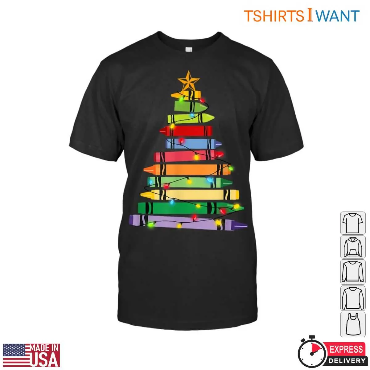 Colorful Crayon Christmas Tree T-Shirt - Teacher Christmas Apparel 12 Colorful Crayon Christmas Tree T-Shirt Front View