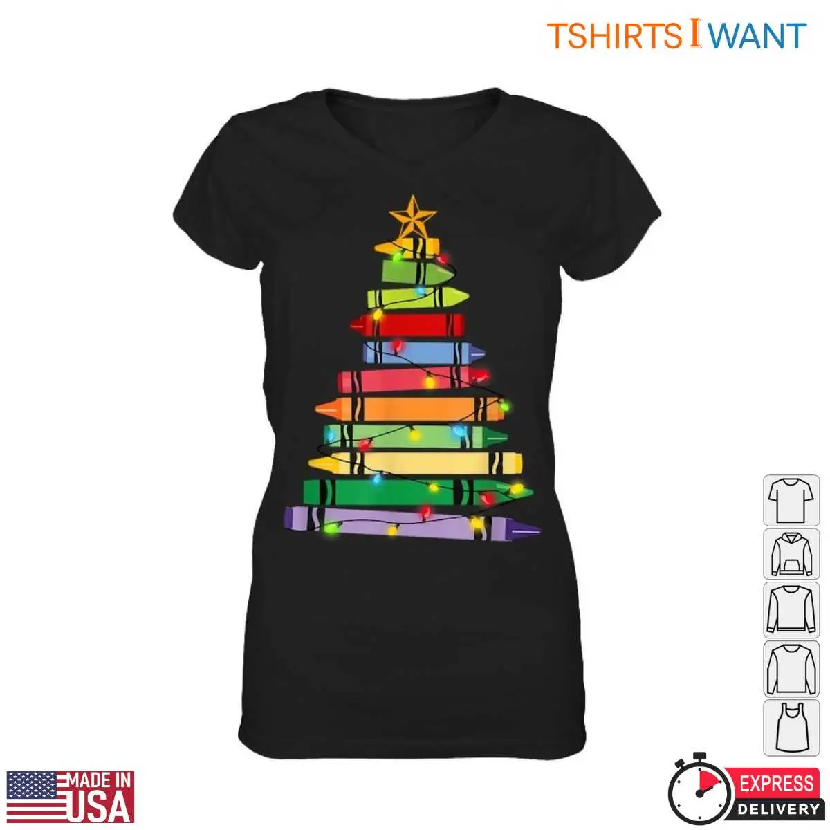 Colorful Crayon Christmas Tree T Shirt Teacher Christmas Apparel 2 1.jpg