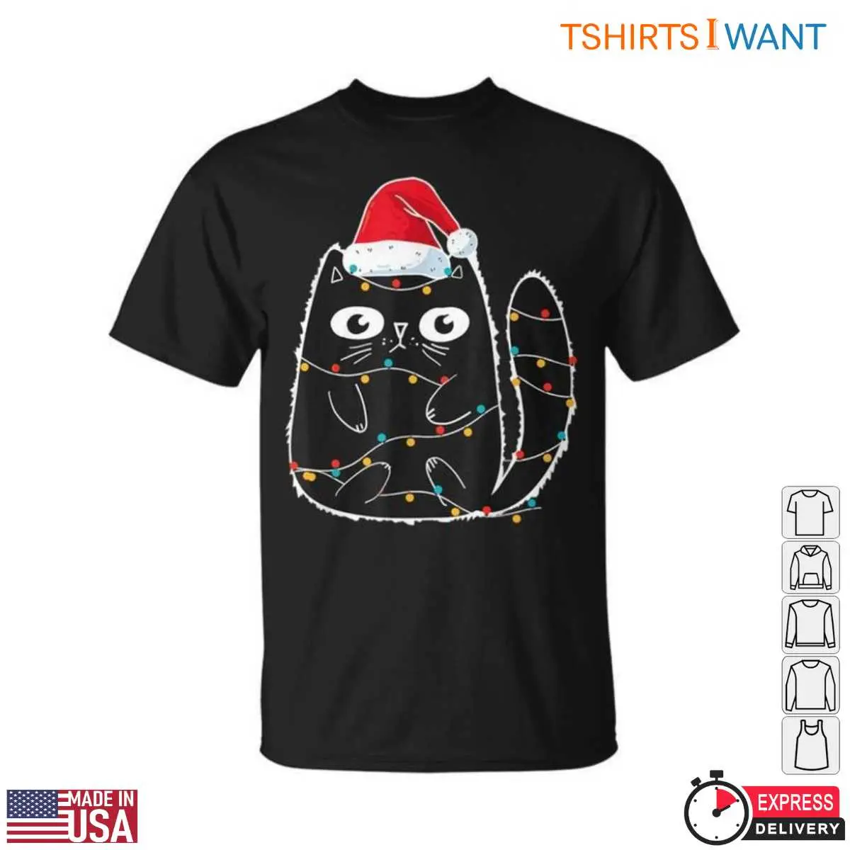 Cute Santa Cat Black Cat with Christmas Lights and Santa Hat Holiday Tee 12 Cute Santa Cat T-Shirt Front View