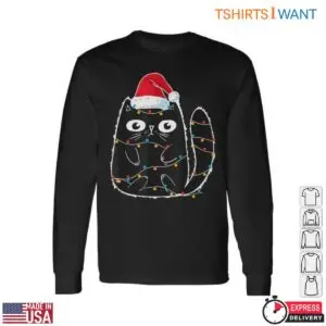 Cute Santa Cat Black Cat with Christmas Lights and Santa Hat Holiday Tee 7 Cute Santa Cat Black Cat Lights Holiday Tee 2 1.jpg