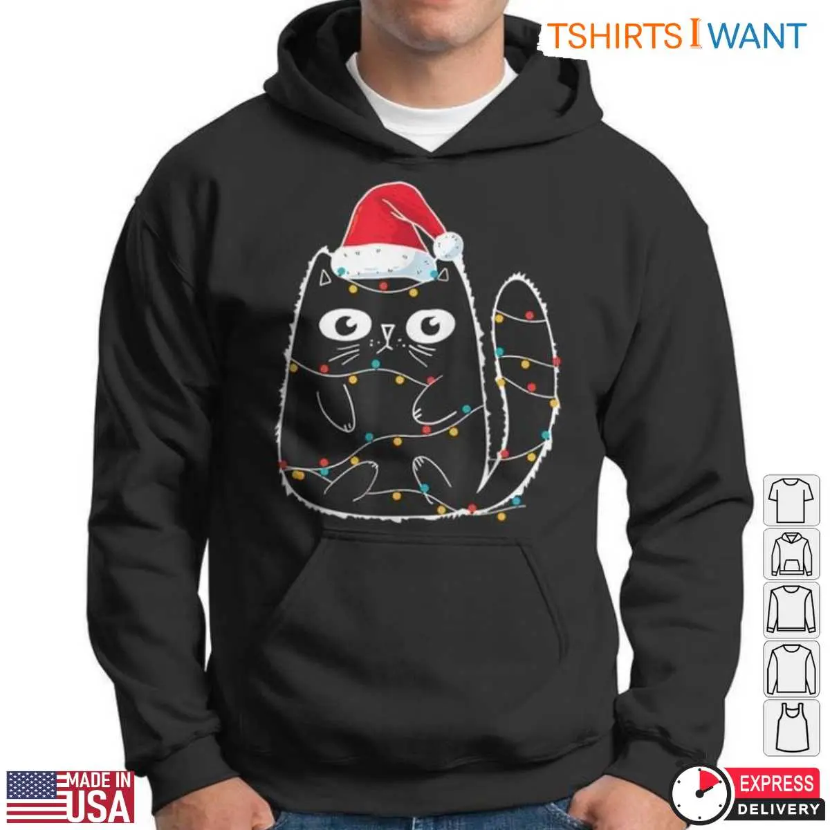 Cute Santa Cat Black Cat with Christmas Lights and Santa Hat Holiday Tee 13 Cute Santa Cat T-Shirt Style View
