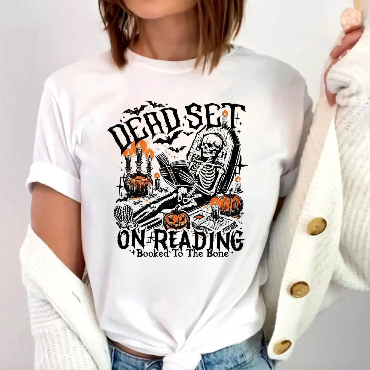 Dead Set on Reading Shirt – Funny Skeleton Booked to the Bone Halloween Tee 1