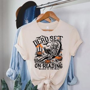 Dead Set on Reading Shirt – Funny Skeleton Booked to the Bone Halloween Tee 2