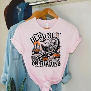 Dead Set on Reading Shirt – Funny Skeleton Booked to the Bone Halloween Tee 3