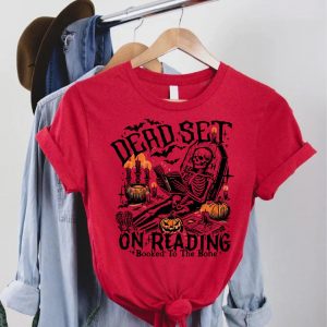 Dead Set on Reading Shirt – Funny Skeleton Booked to the Bone Halloween Tee 4