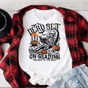 Dead Set on Reading Shirt – Funny Skeleton Booked to the Bone Halloween Tee 5