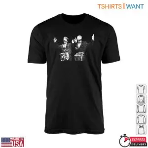 Dick In A Box t-shirt in black featuring the iconic monochrome comedy duo in suits holding wrapped gift boxes at the waist