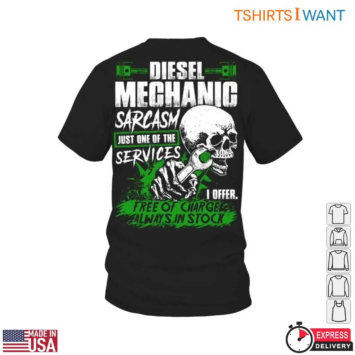 Diesel Mechanic Jobs T-shirt – Free Service Always in Stock, Funny Skull Wrench Graphic Tee 12 Diesel Mechanic Jobs T-Shirt Front View