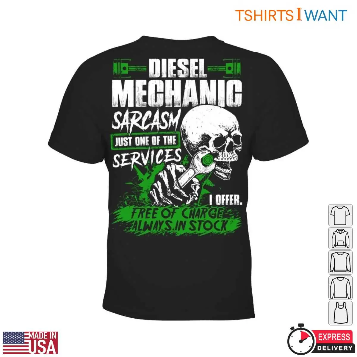 Diesel Mechanic Jobs T shirt E28093 Free Service Always in Stock Funny Skull Wrench Graphic Tee 2.jpg