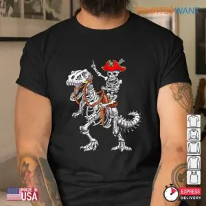 Dinosaur Halloween Skeleton: Skeleton Pirate Riding Dinosaur Spooky Halloween Shirt 8 Dinosaur Halloween Skeleton Pirate Dino Bones Tee 4 1.jpg