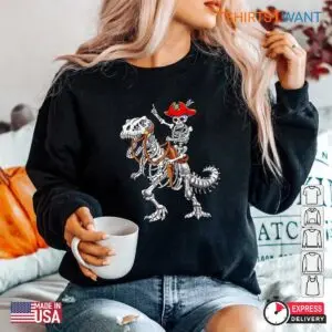 Dinosaur Halloween Skeleton: Skeleton Pirate Riding Dinosaur Spooky Halloween Shirt 9 Dinosaur Halloween Skeleton Pirate Dino Bones Tee 5 1.jpg