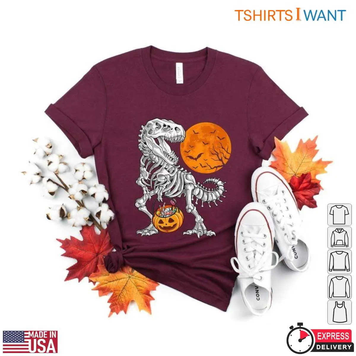 Dinosaur Skeleton Halloween T Rex Pumpkin T Shirt 2 1.jpg