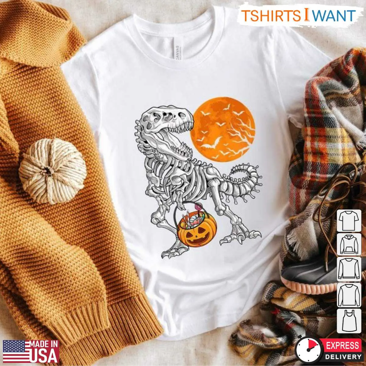 Dinosaur Skeleton Halloween T Rex Pumpkin T Shirt 3 1.jpg