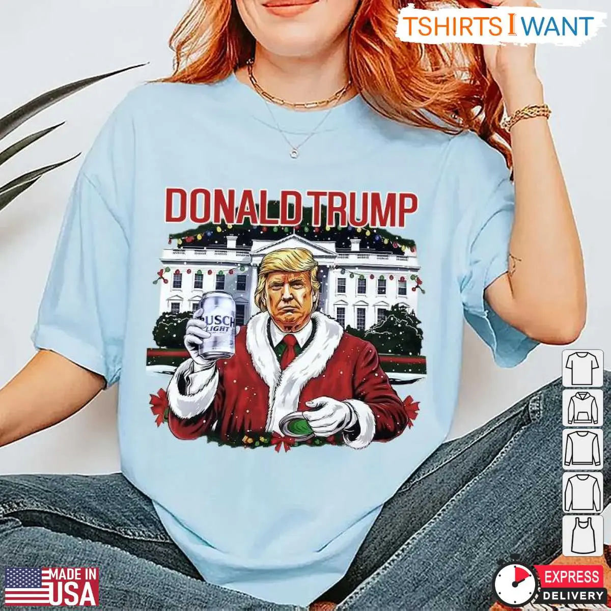 Donald Trump Christmas T-Shirt - Funny Santa Busch Light Holiday Tee 10 Donald Trump Christmas T-Shirt Front View