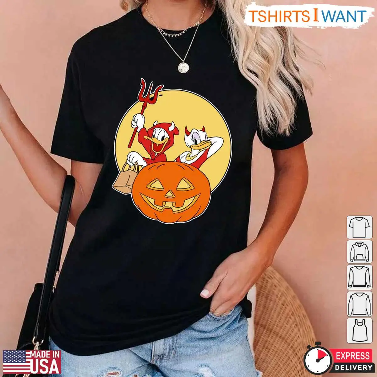 Donald and Daisy Duck Halloween Costumes T Shirt Disney Devil Costume with Pumpkin Graphic Tee 3 1.jpg