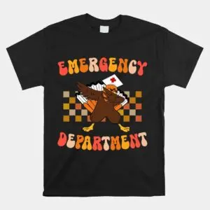 Black Emergency Room Nurse Thanksgiving Shirt flat lay with Emergency Department text and a dabbing nurse turkey over a checkerboard