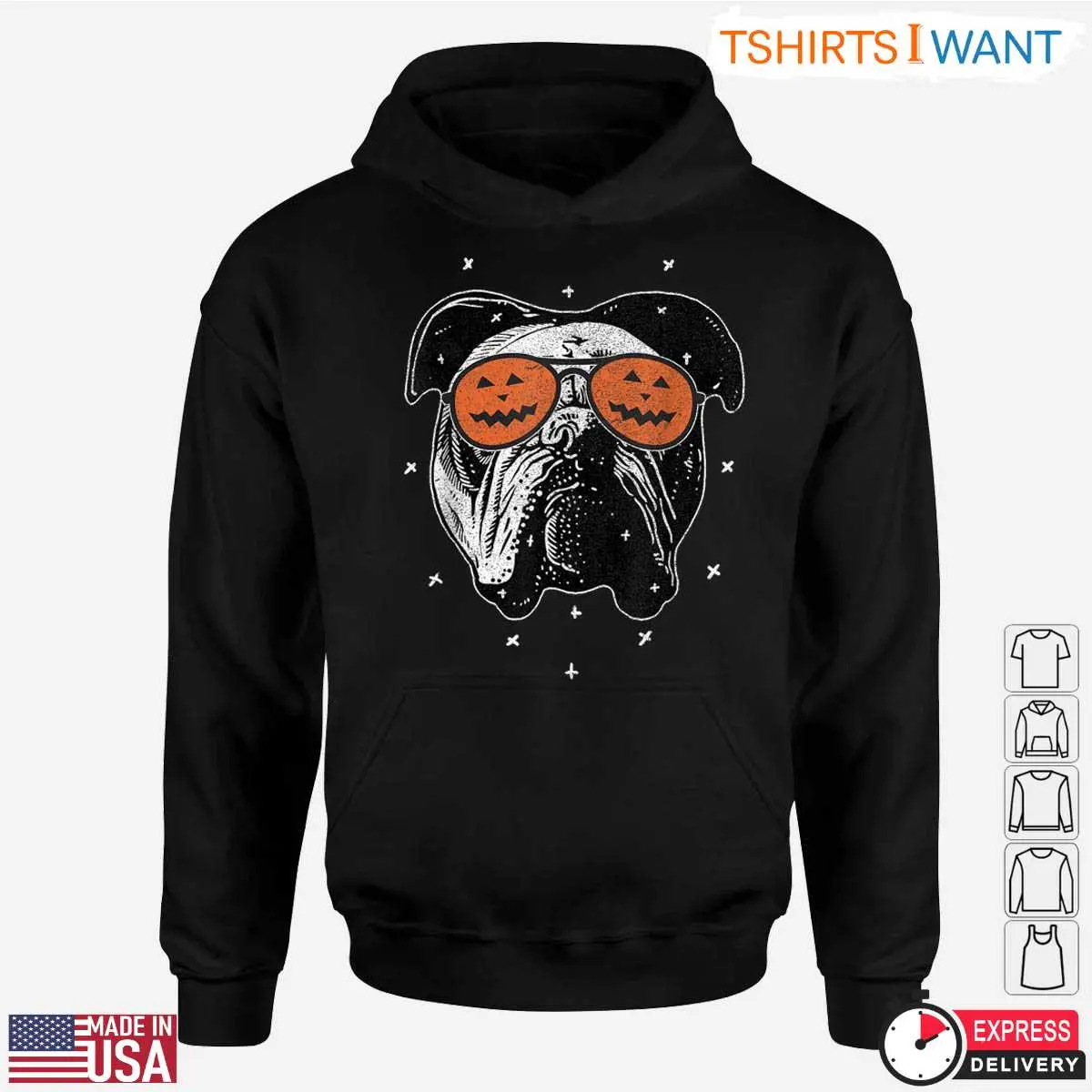 English Bulldog Halloween T-Shirt – Funny Bulldog with Pumpkin Sunglasses Graphic Tee 17 English Bulldog Halloween T-Shirt Detail