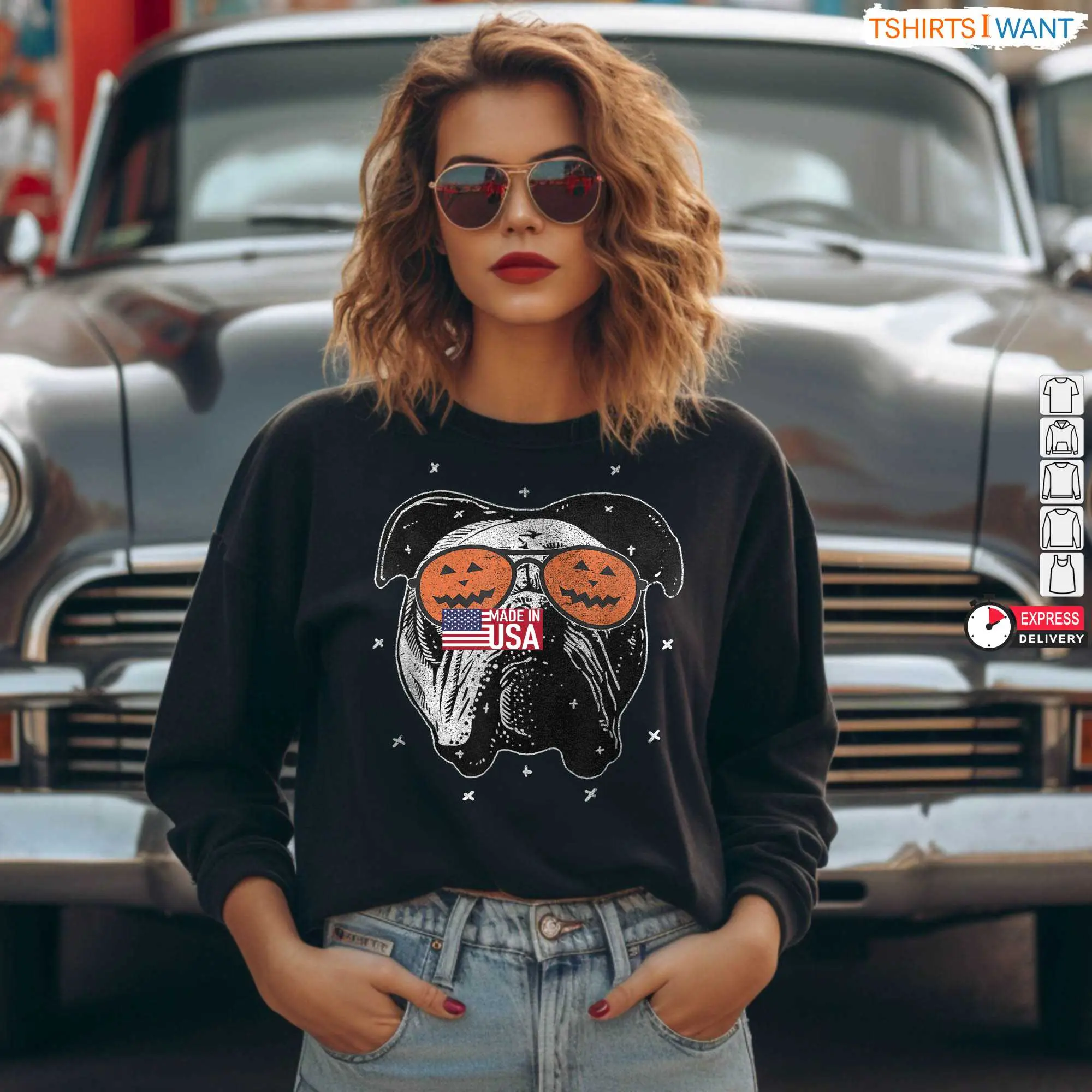 English Bulldog Halloween T Shirt Funny Bulldog with Pumpkin Sunglasses Graphic Tee 5 1 1.jpg