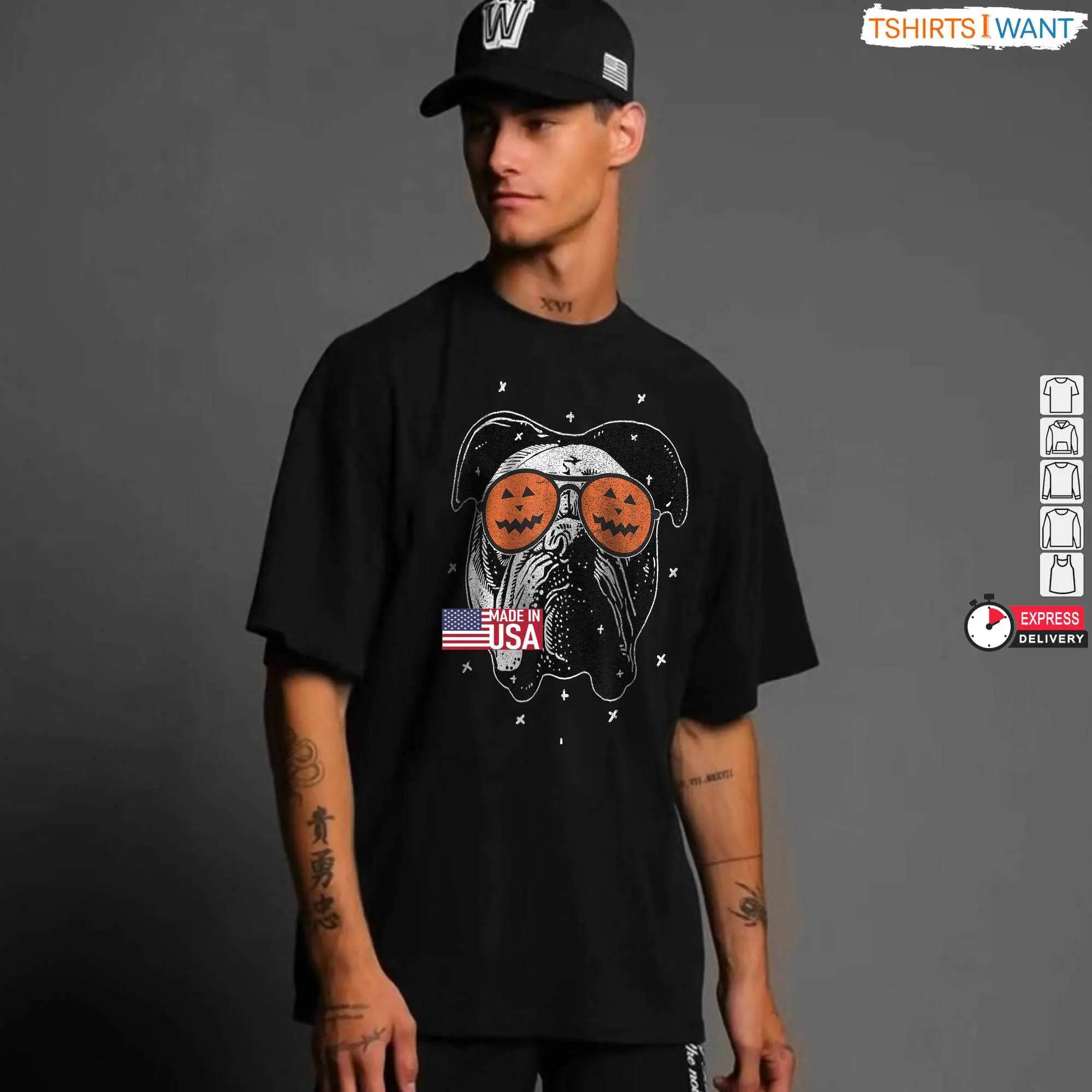 English Bulldog Halloween T Shirt Funny Bulldog with Pumpkin Sunglasses Graphic Tee 6 1 1.jpg