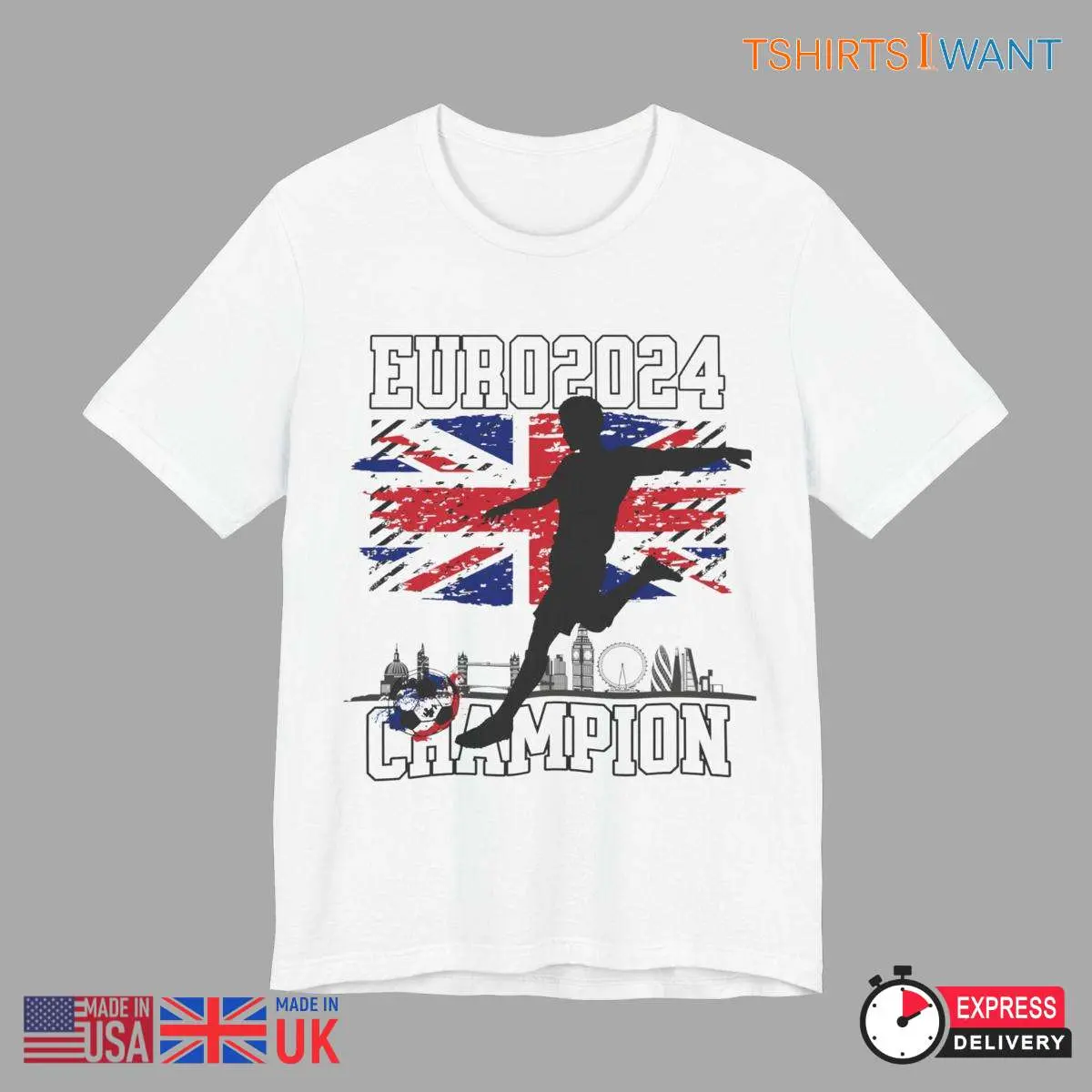 Euro 2024 England Champion White T-Shirt with British Flag Background 10 Euro 2024 England Champion White Tee Front