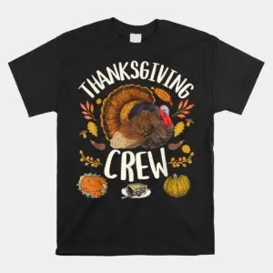 Black Family Thanksgiving Crew Turkey Day Matching Shirt flat lay with a turkey, pie slice and autumn pumpkins