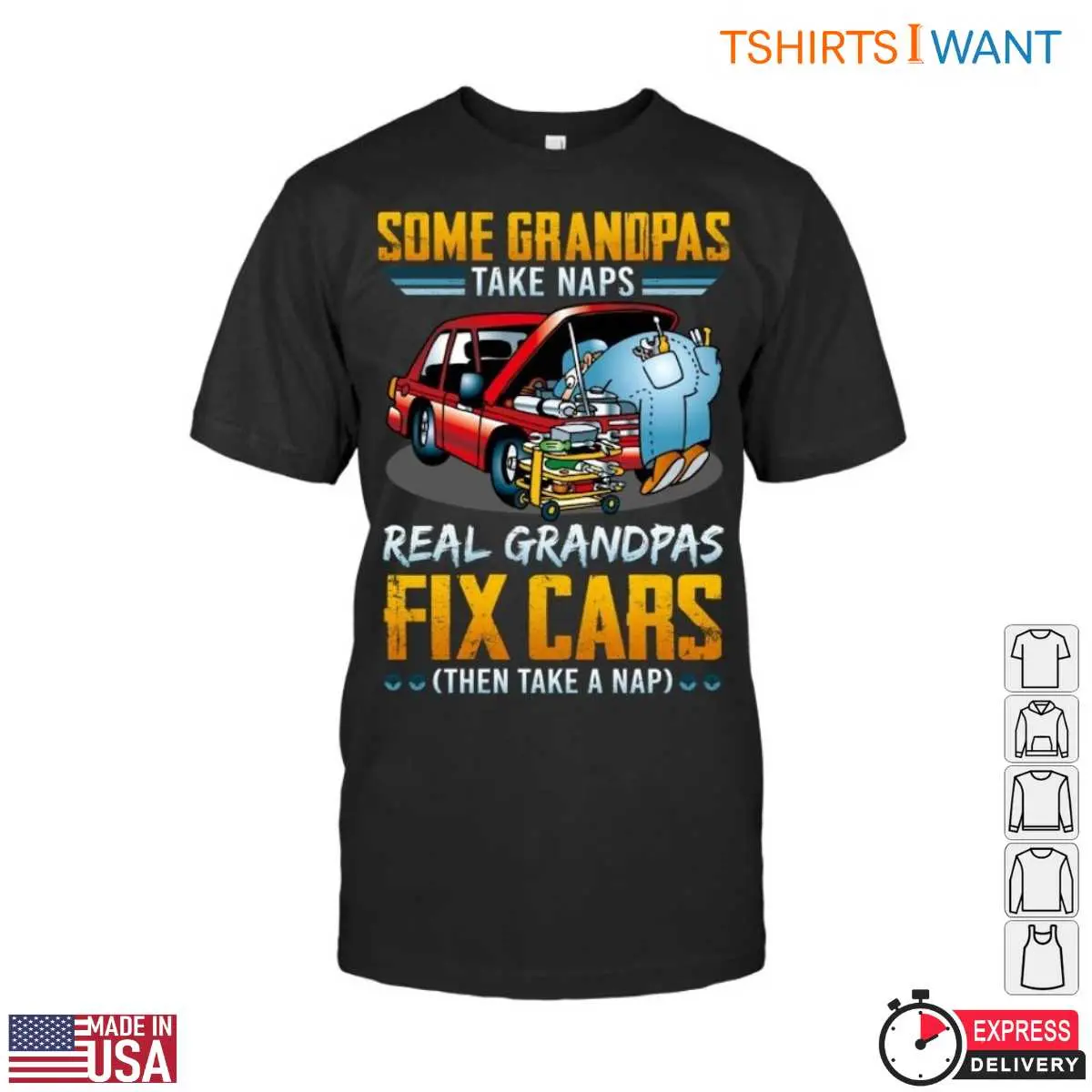 Fix Car T-Shirt – Real Grandpas Fix Cars and Take Naps Tee 12 Front view of grandpa mechanic shirt