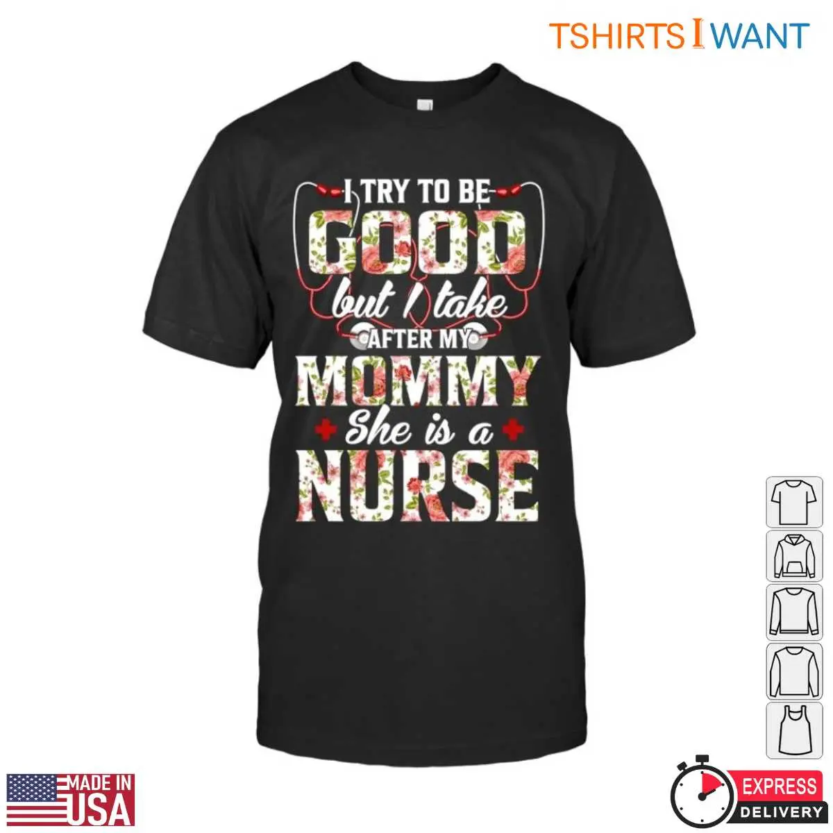 Floral Stethoscope Pattern Nurse Mom T-Shirt 12 Nurse Mom T-Shirt Front View