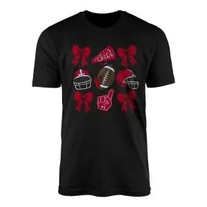 Football Cheerleader T shirt E28093 Red Bows Helmets Megaphone Game Day Tee 1.jpg