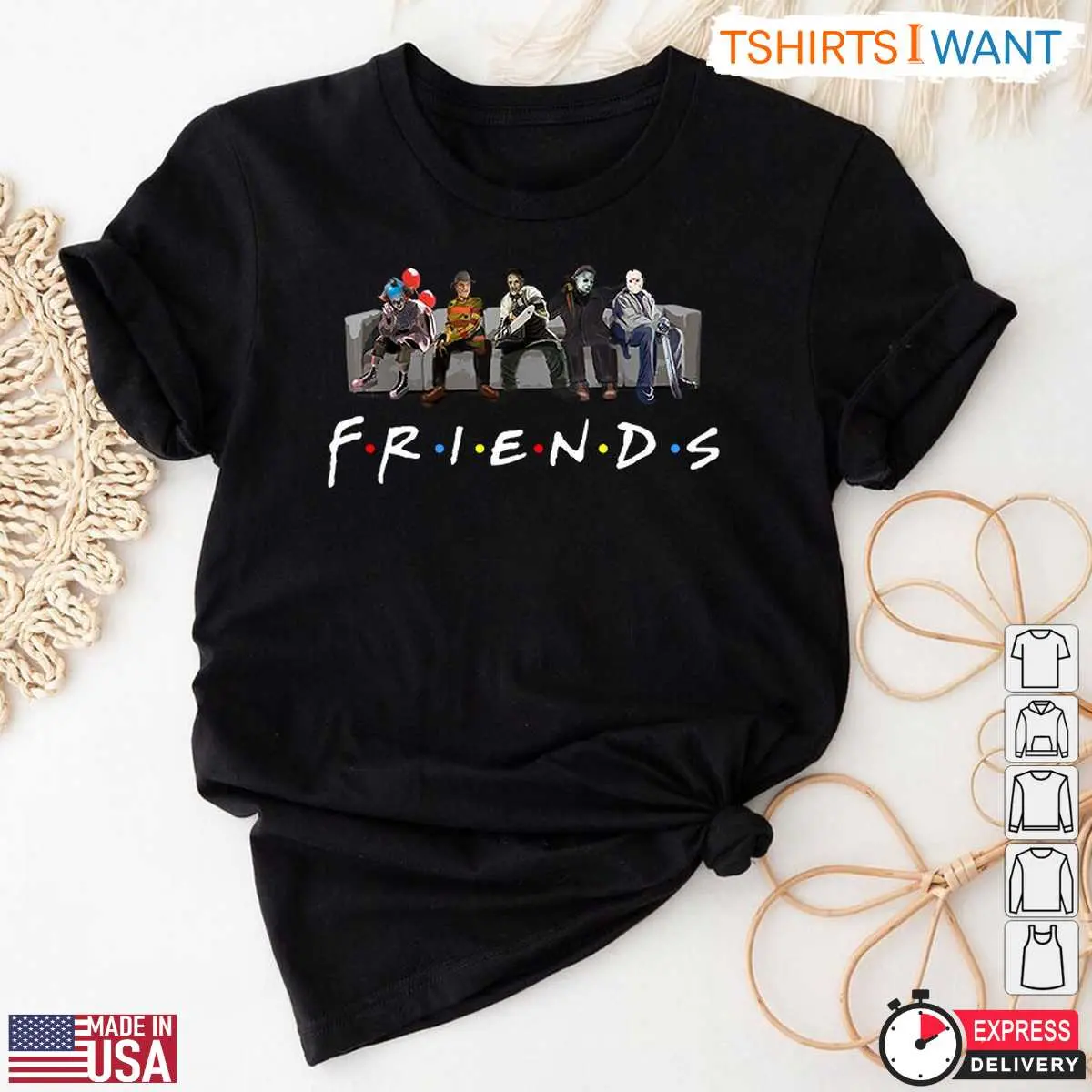 Friends Halloween T-Shirt – Horror Movie Characters Mashup Graphic Tee 12 Friends Halloween T-Shirt Front View