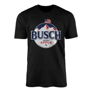 Black flat lay t-shirt featuring a circular mountain emblem with US flag and Busch Light Apple beer logo