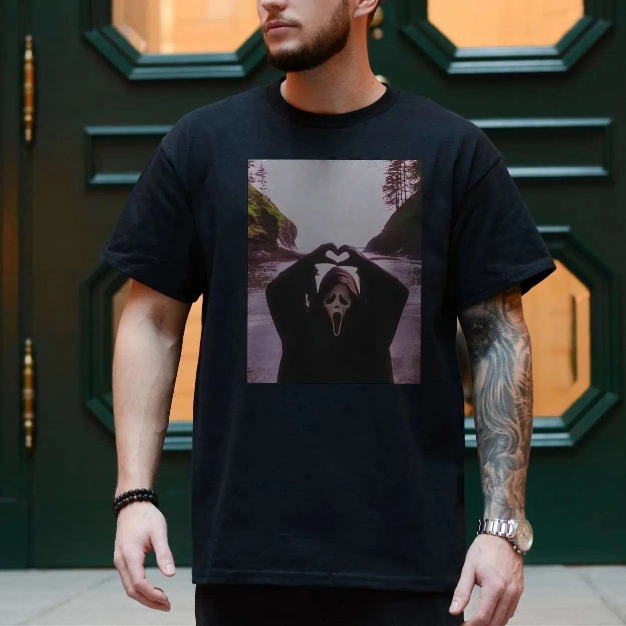 Funny Ghostface T Shirt E28093 Horror Beach Scene Heart Hands Meme Tee 4.jpg