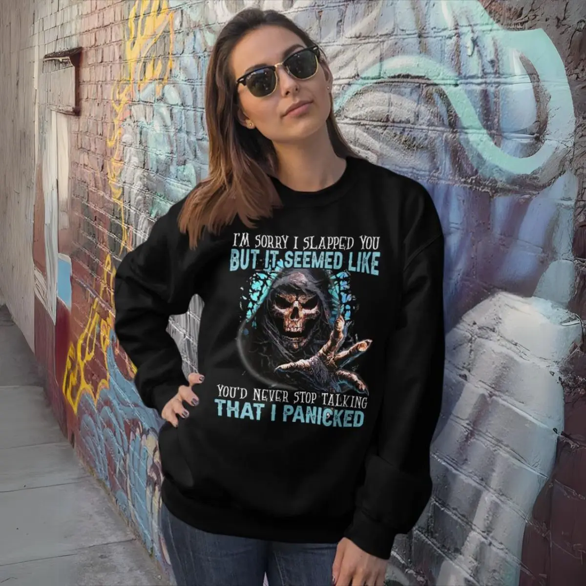 Funny Grim Reaper Design Im Sorry I Slapped You But You Wouldnt Stop Talking Funny Skull Sweatshirt 6