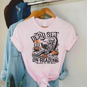 Funny Halloween Skeleton Reading T Shirt – Booked to the Bone 3