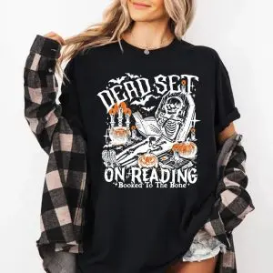 Funny Halloween Skeleton Reading T-Shirt – Booked to the Bone 11 Funny Halloween Skeleton Reading T Shirt – Booked to the Bone 6