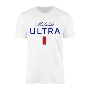 White t-shirt featuring the navy blue and red ribbon Michelob Ultra beer logo printed across the chest