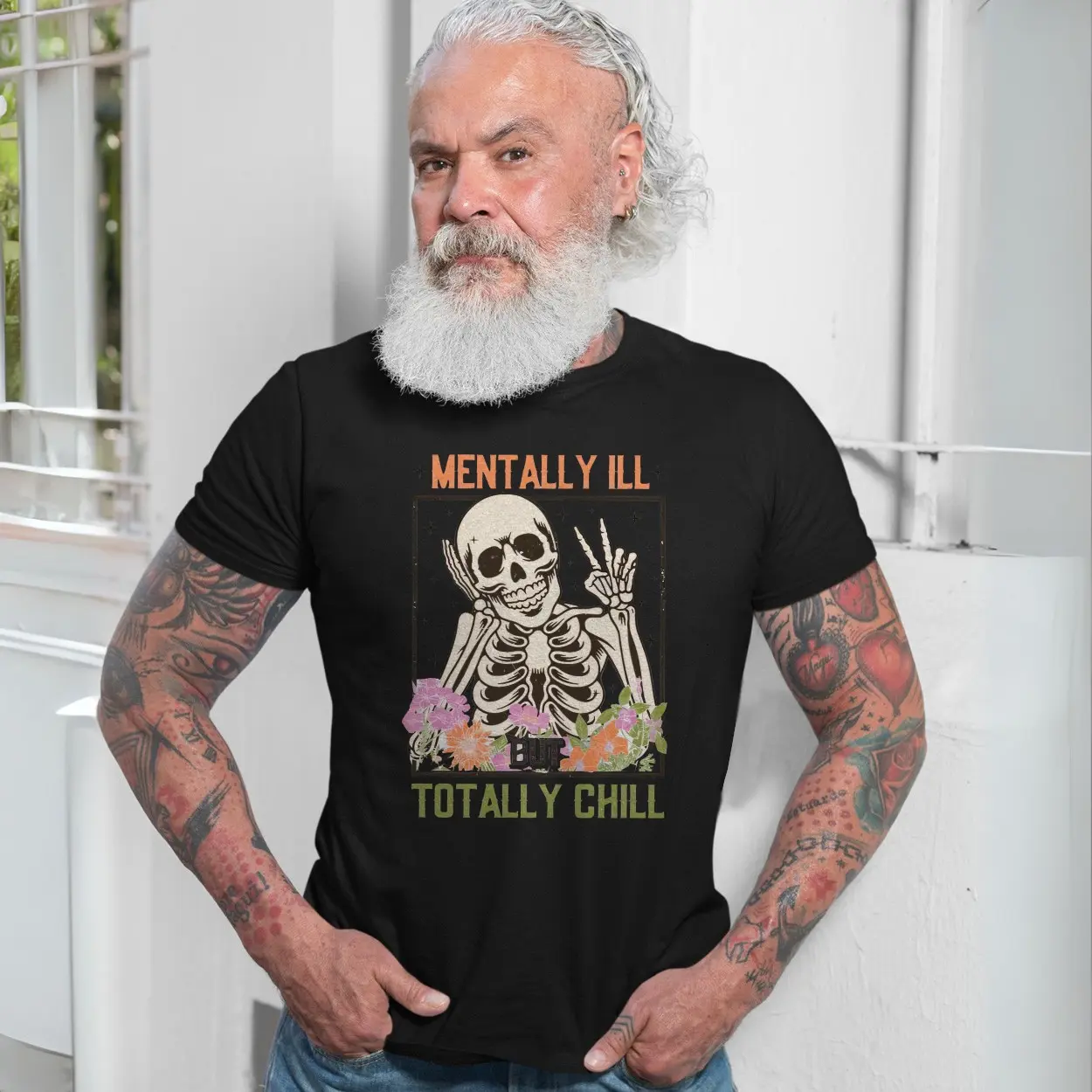 Funny Skeleton T shirt E28093 Mentally Ill But Totally Chill Graphic Tee 7.jpg