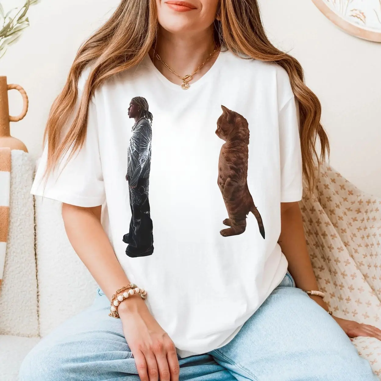 Funny T Shirt E28093 Man and Cat Staring Contest Graphic Tee 5.jpg