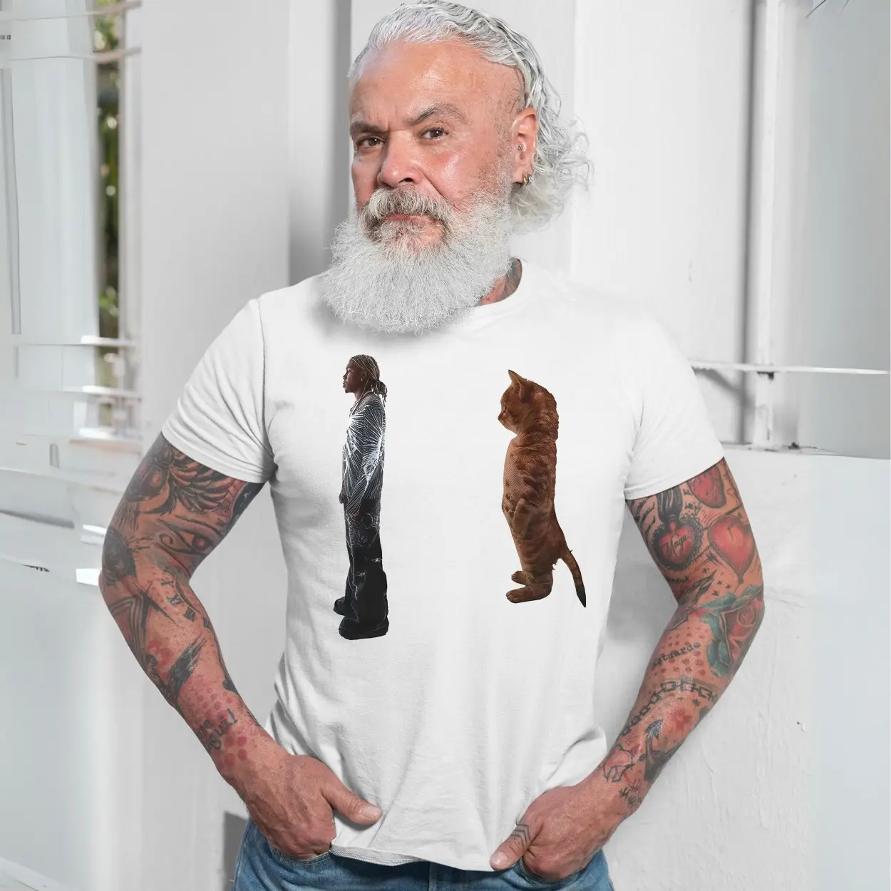 Funny T Shirt E28093 Man and Cat Staring Contest Graphic Tee 7.jpg