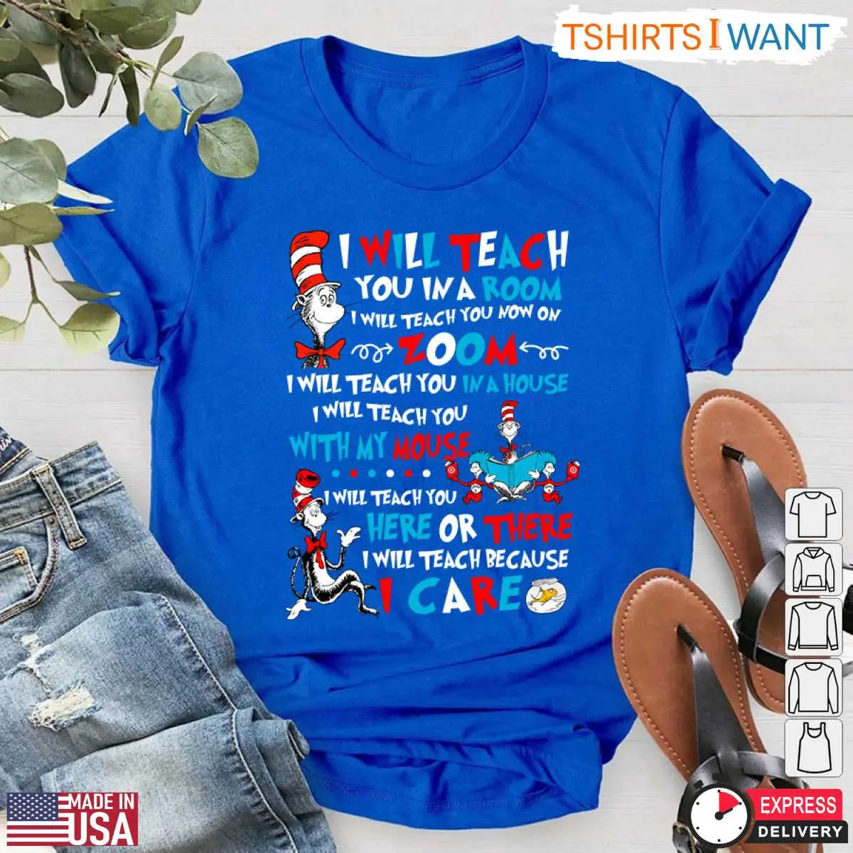 Funny Dr. Seuss Cat T-Shirt - I Will Teach You In The Room, On Zoom 13 Dr. Seuss Teacher Cat Shirt Detail