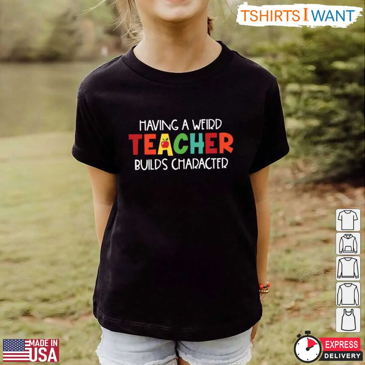 Having A Weird Teacher Builds Character T-Shirt - Quirky Teacher Gift Idea 13 Weird Teacher Shirt Detail