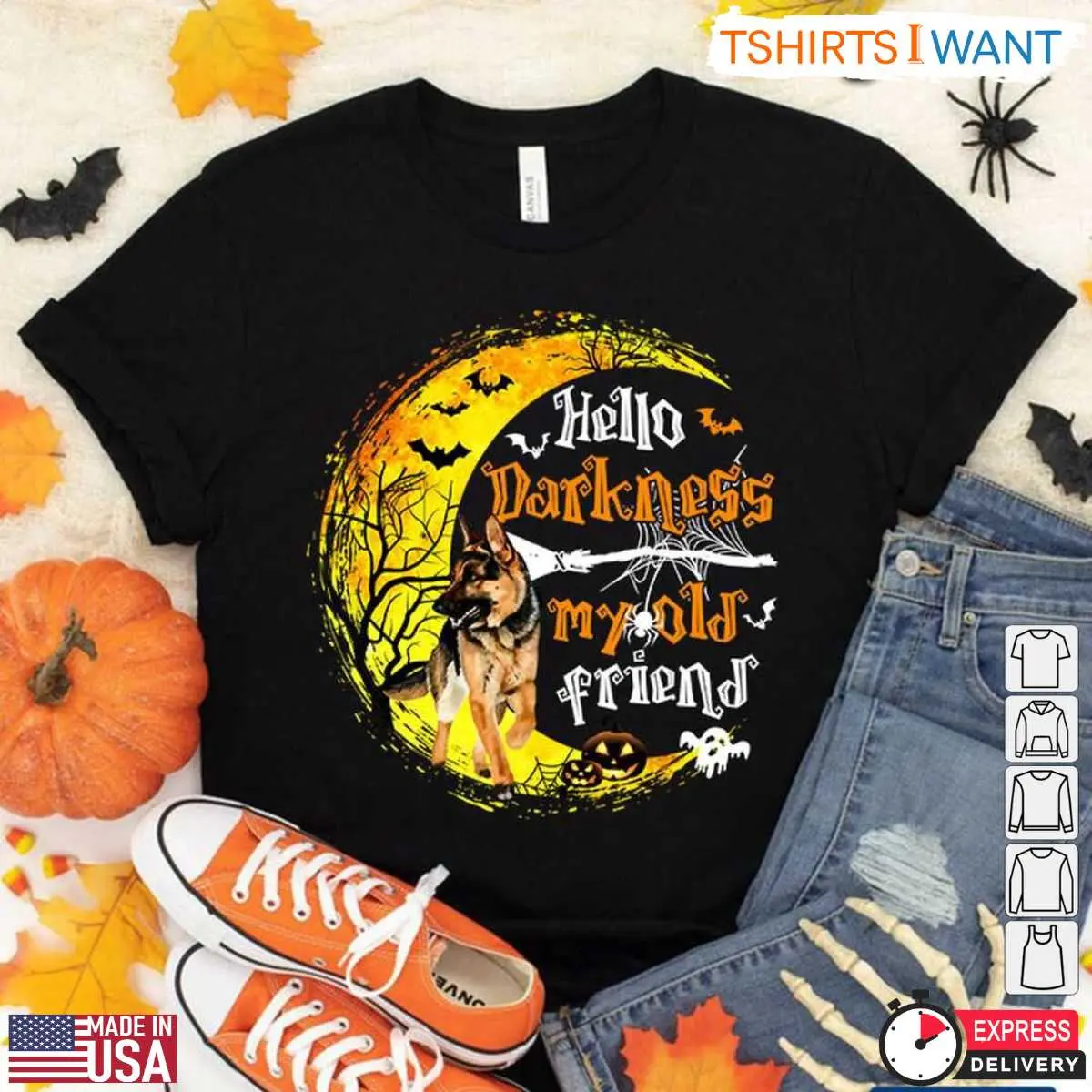 German Shepherd Halloween T-Shirt – Hello Darkness My Old Friend Spooky Dog Graphic Tee 2 German Shepherd Halloween T-Shirt