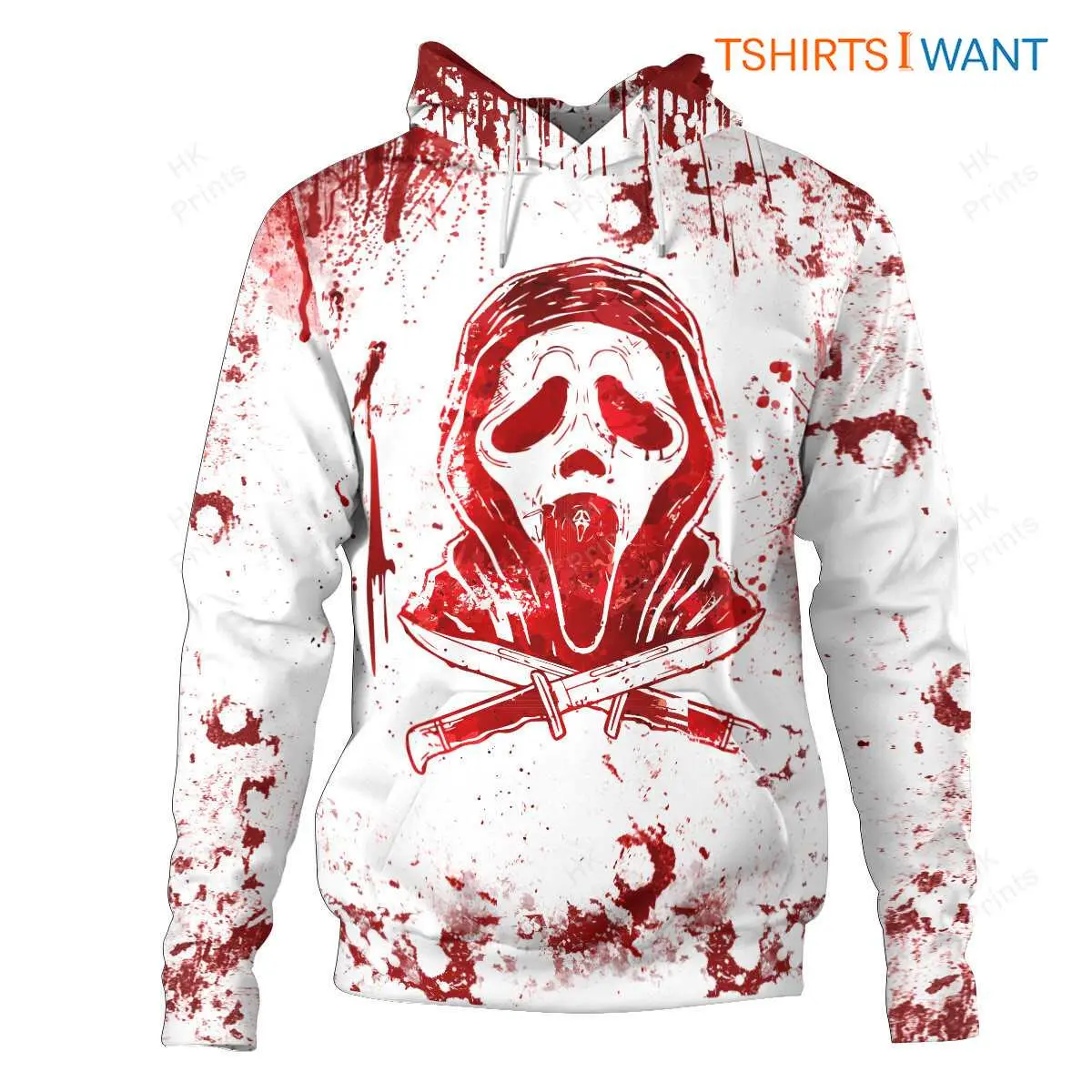 Ghostface Hoodie Blood Splatter Design Horror Movie Fan All-Over Printed Apparel 6 Ghostface Blood Splatter Hoodie Front View
