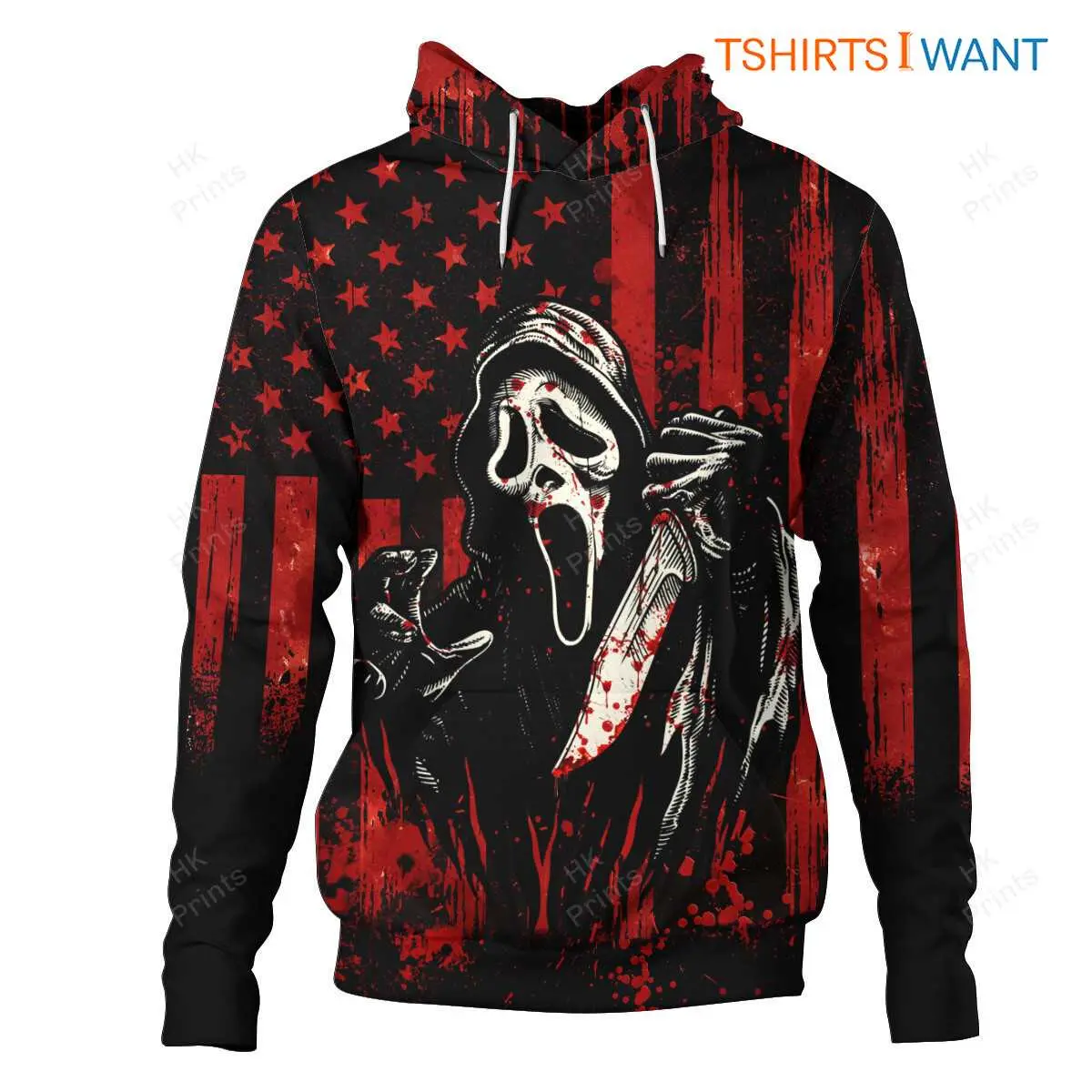 Ghostface Hoodies American Flag Theme Horror Movie Fan All-Over Printed Apparel 6 Ghostface American Flag Hoodie Front View