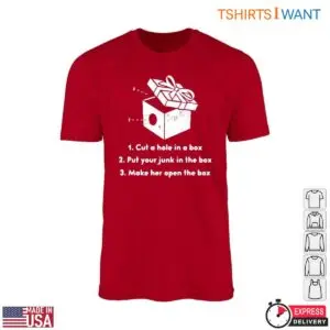 Gift Box t-shirt in red featuring a white diagram of a wrapped present with three-step parody instructions below