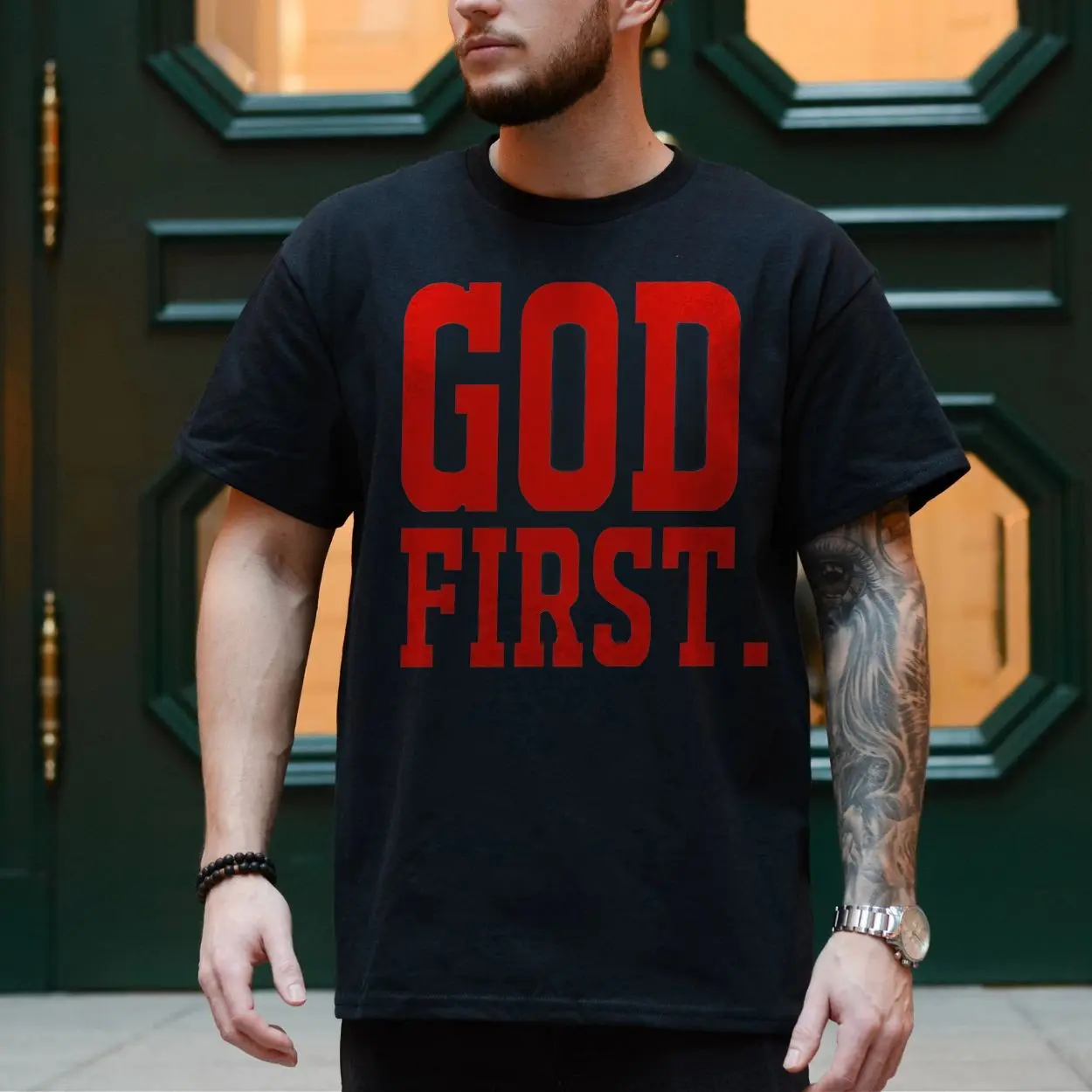 God First T shirt E28093 Red Bold Christian Statement Tee 4.jpg