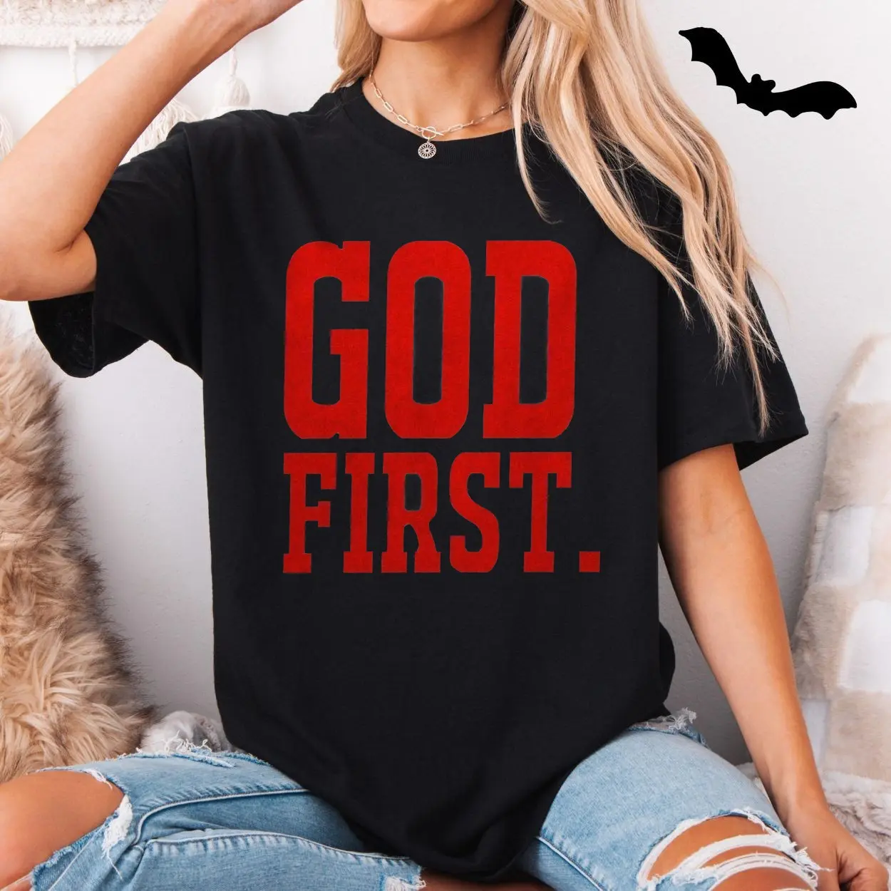 God First T shirt E28093 Red Bold Christian Statement Tee 5.jpg